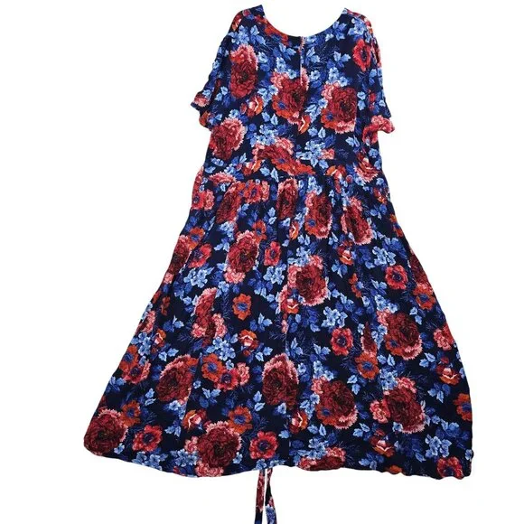 Roamans Womens Plus Size Wrap Dress Blue Red Floral 2X 26/28 Short Sleeve Rayon - Picture 2 of 8